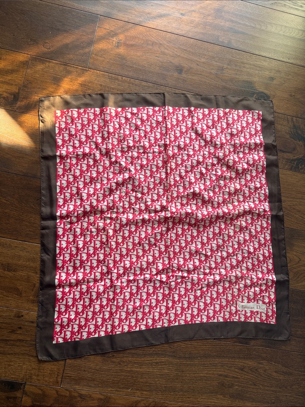 Christian Dior Silk Trotter Scarf Chocolate Brown with Red